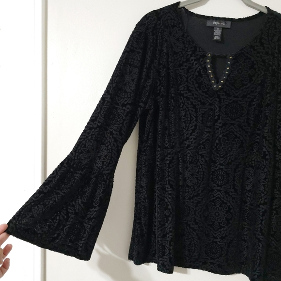 STYLE & CO Black Velvet Burnout Long Sleeve, Bell Sleeves, Witchy Whimsigoth, M - Picture 3 of 16